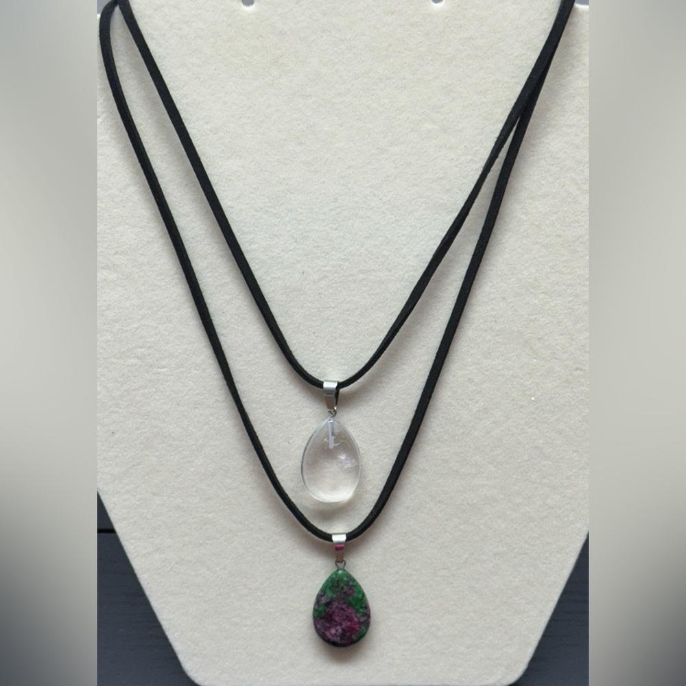 Set of 2 Natural Stone Drop Pendant Suede & Faux Leather String Cord Necklaces